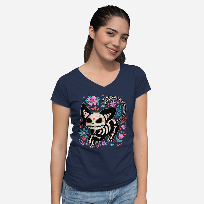 Day Skeleton-Womens-V-Neck-Tee-IKILO