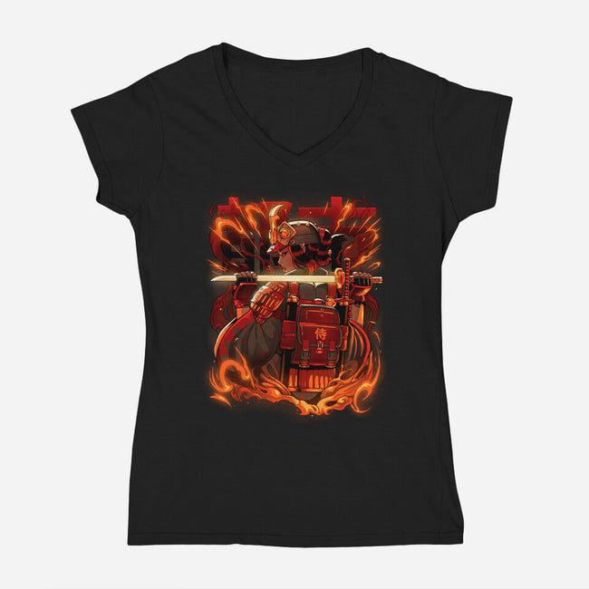 Fire Urban Samurai-Womens-V-Neck-Tee-Bruno Mota