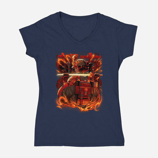 Fire Urban Samurai-Womens-V-Neck-Tee-Bruno Mota