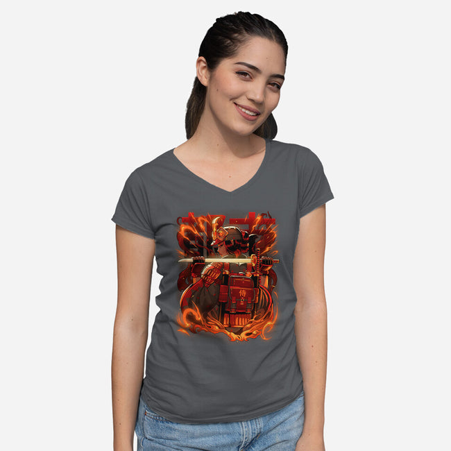 Fire Urban Samurai-Womens-V-Neck-Tee-Bruno Mota