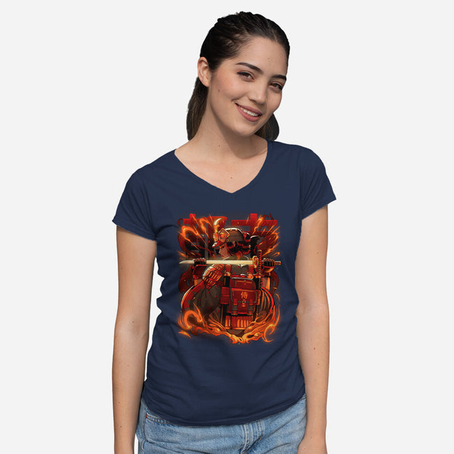 Fire Urban Samurai-Womens-V-Neck-Tee-Bruno Mota