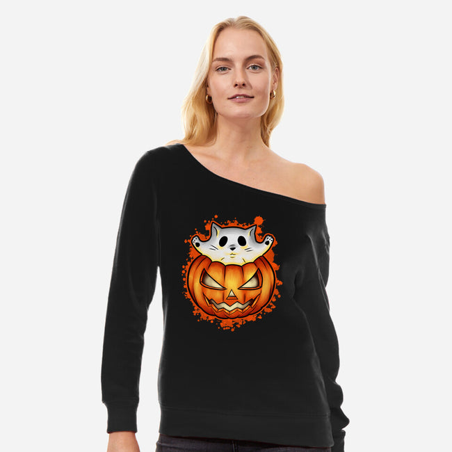 Cat In Pumpkin-Womens-Off Shoulder-Sweatshirt-nickzzarto