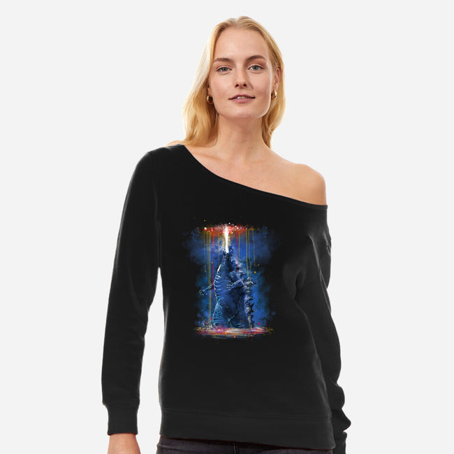 Watercolor Godzilla-Womens-Off Shoulder-Sweatshirt-zascanauta