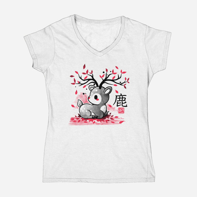 Japanese Deer In Autumn-Womens-V-Neck-Tee-NemiMakeit