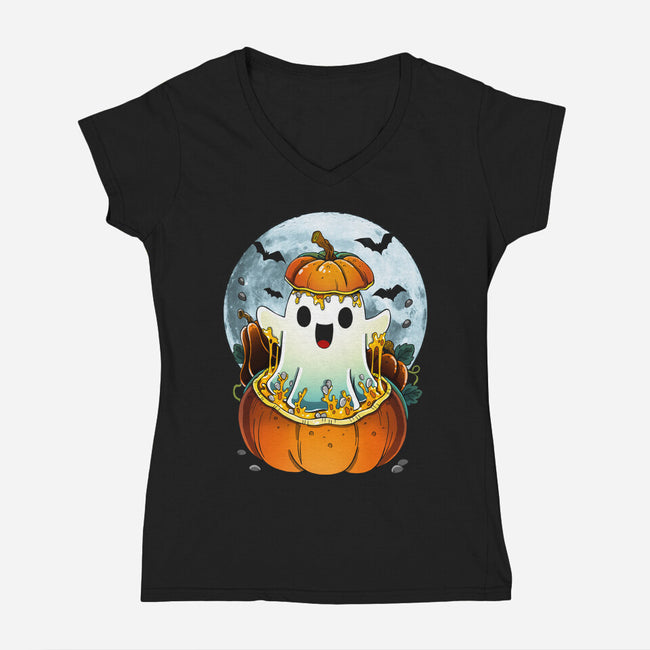 Halloween Ghost-Womens-V-Neck-Tee-Vallina84