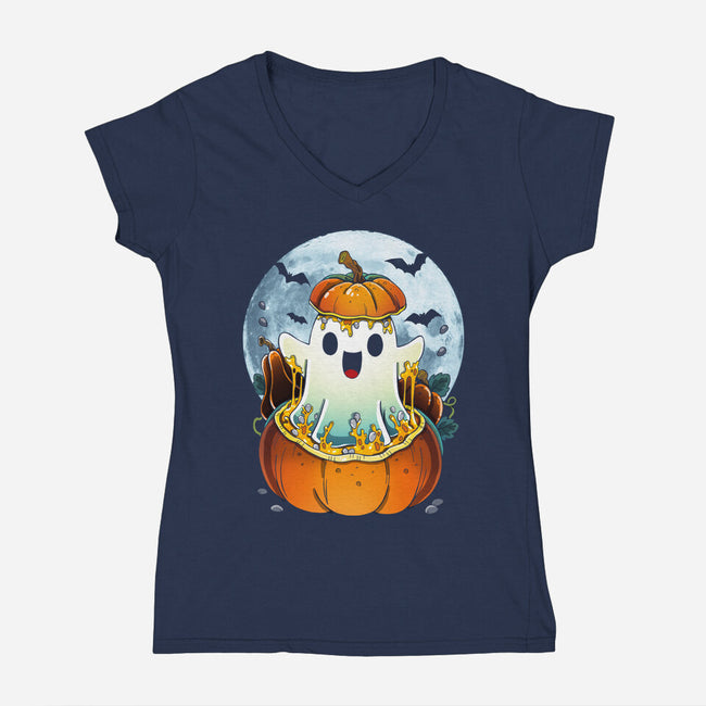 Halloween Ghost-Womens-V-Neck-Tee-Vallina84