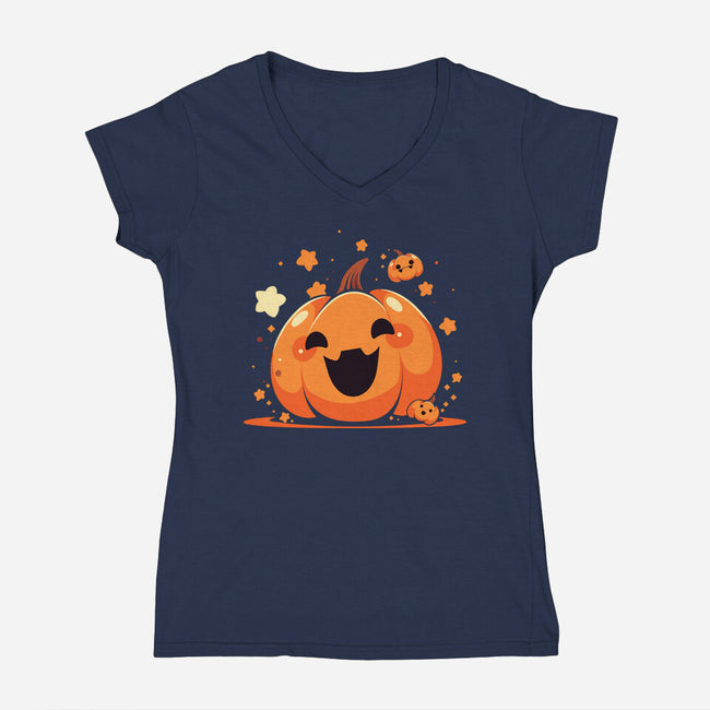 Kawaii Pumpkin Halloween-Womens-V-Neck-Tee-neverbluetshirts