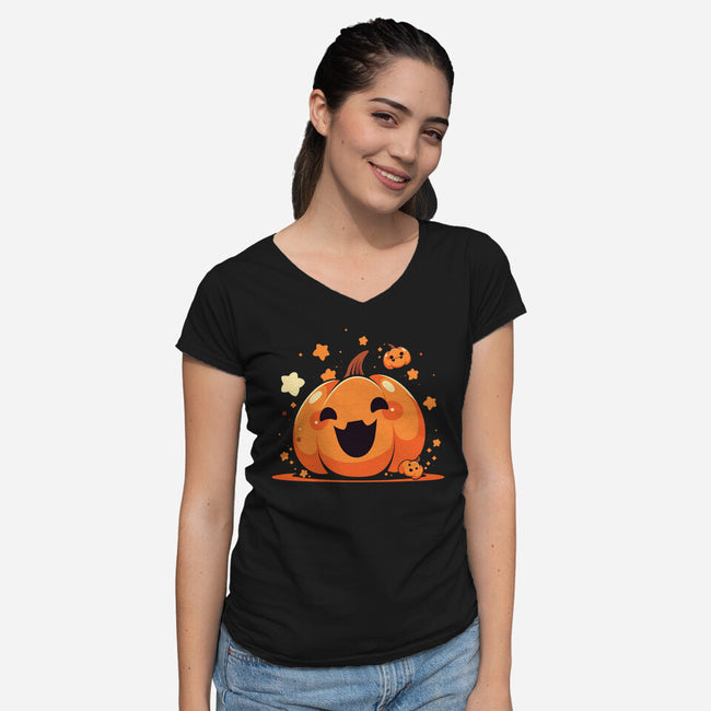 Kawaii Pumpkin Halloween-Womens-V-Neck-Tee-neverbluetshirts