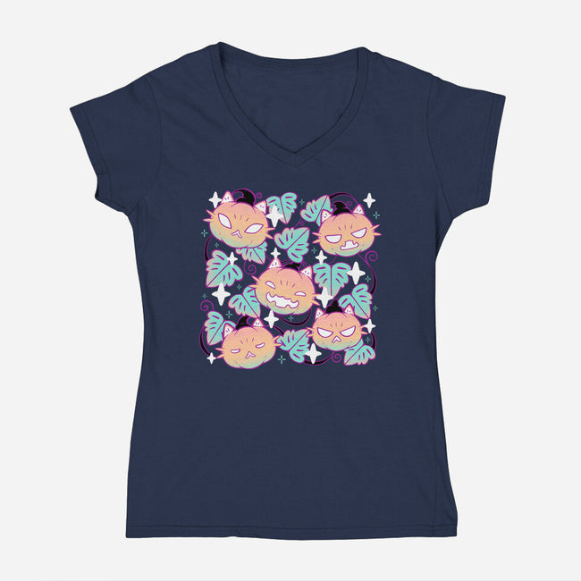 Pumpkin Cat Garden-Womens-V-Neck-Tee-xMorfina