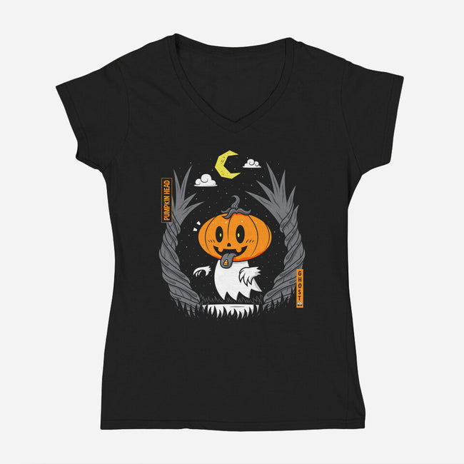 Pumpkin Head Ghost-Womens-V-Neck-Tee-krisren28