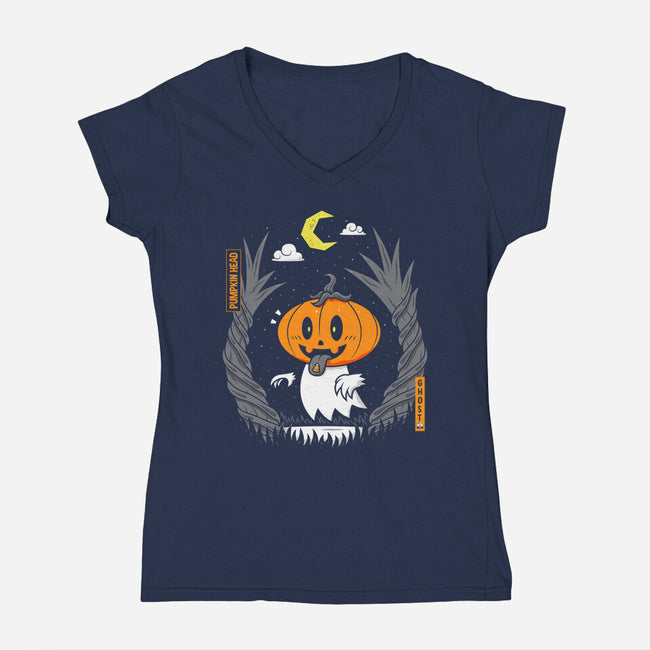 Pumpkin Head Ghost-Womens-V-Neck-Tee-krisren28