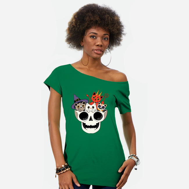 Skull And Spooky Cats-Womens-Off Shoulder-Tee-ppmid