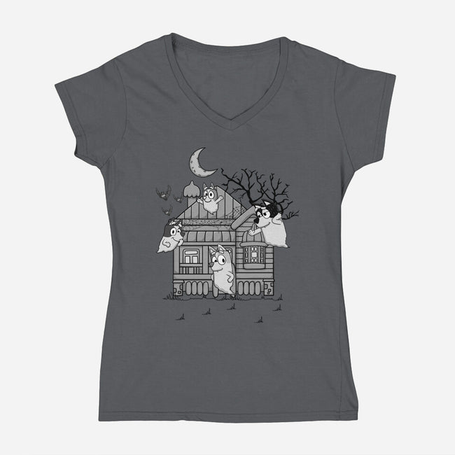 Bluey Haunted House-Womens-V-Neck-Tee-JamesQJO