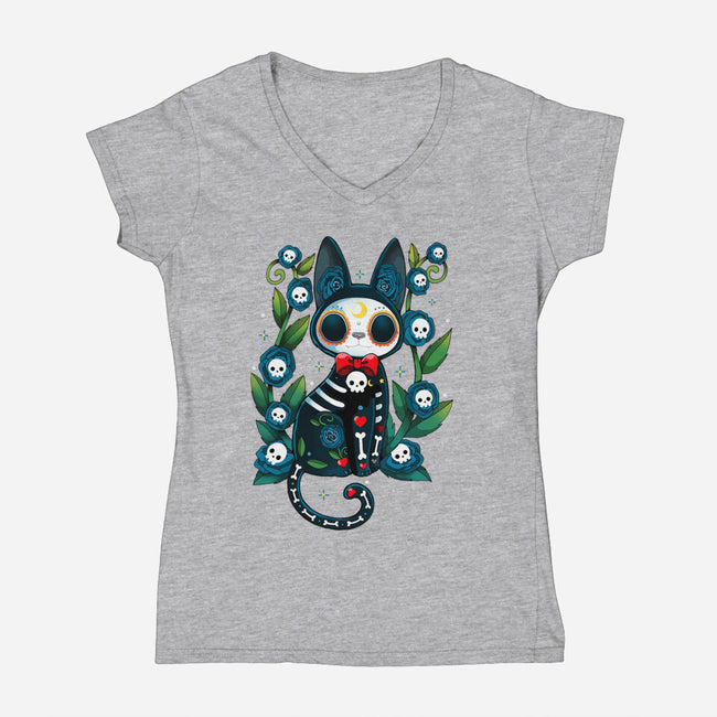 Halloween Skeleton Cat-Womens-V-Neck-Tee-Vallina84