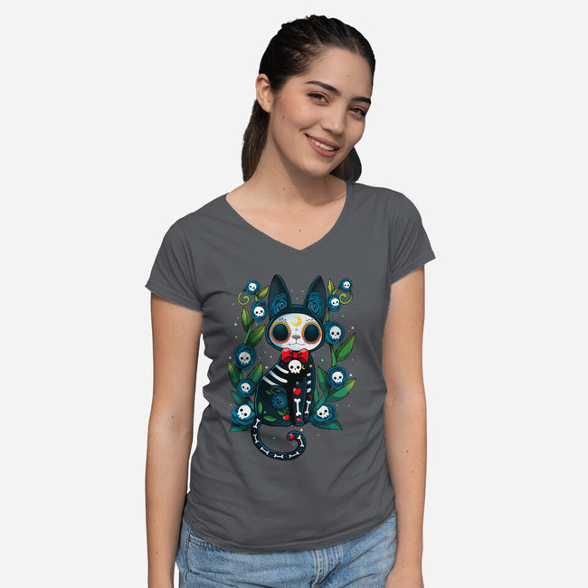 Halloween Skeleton Cat-Womens-V-Neck-Tee-Vallina84