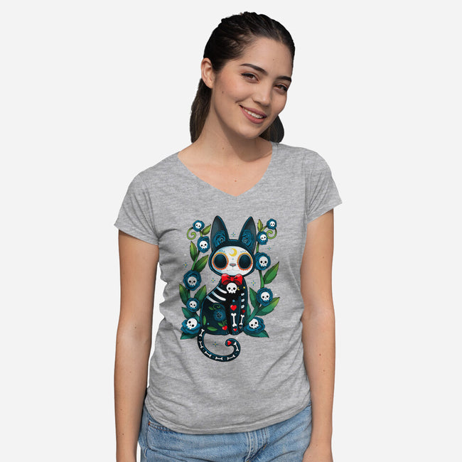 Halloween Skeleton Cat-Womens-V-Neck-Tee-Vallina84