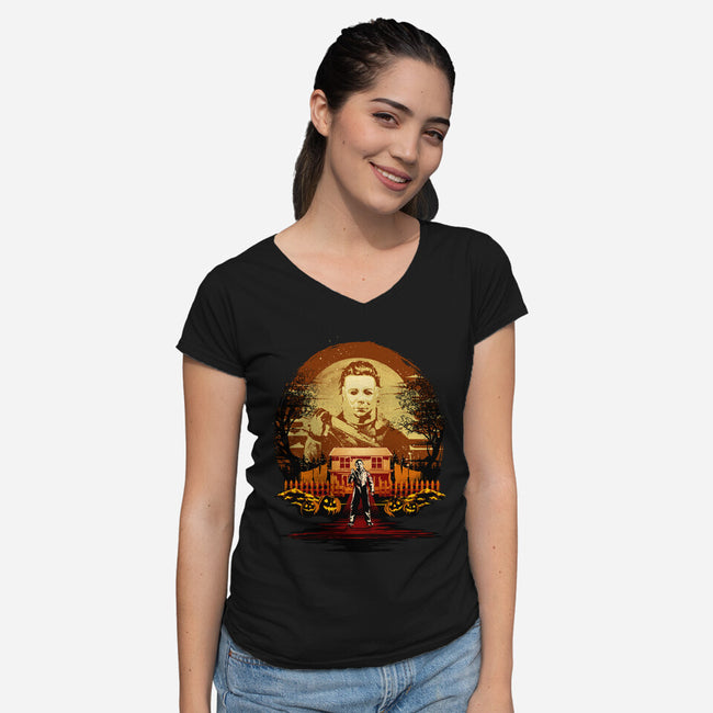 Attack Of Michael Myers-Womens-V-Neck-Tee-hypertwenty