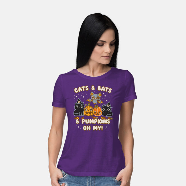 Cats Bats Pumpkins Oh My-Womens-Basic-Tee-Weird & Punderful