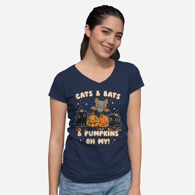 Cats Bats Pumpkins Oh My-Womens-V-Neck-Tee-Weird & Punderful