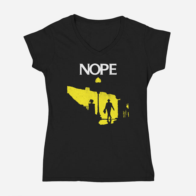 Possessed Nope-Womens-V-Neck-Tee-rocketman_art