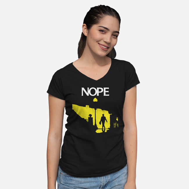 Possessed Nope-Womens-V-Neck-Tee-rocketman_art