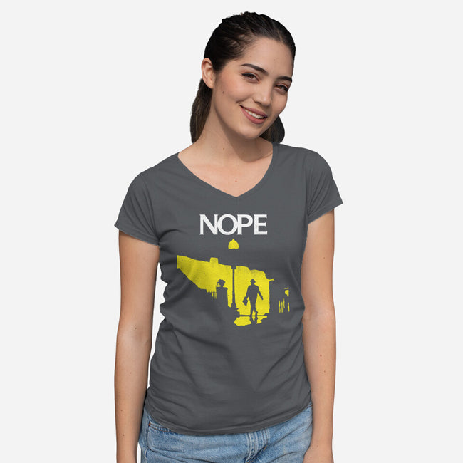 Possessed Nope-Womens-V-Neck-Tee-rocketman_art