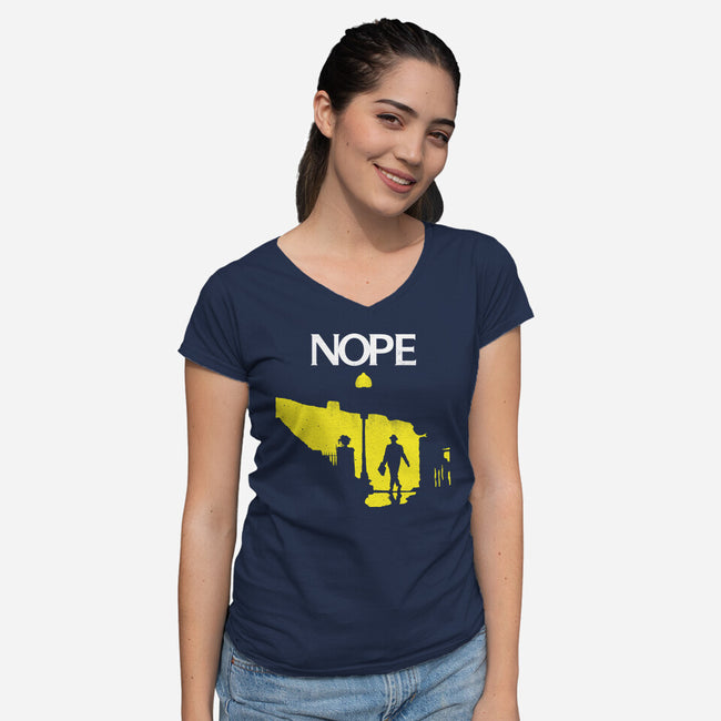 Possessed Nope-Womens-V-Neck-Tee-rocketman_art