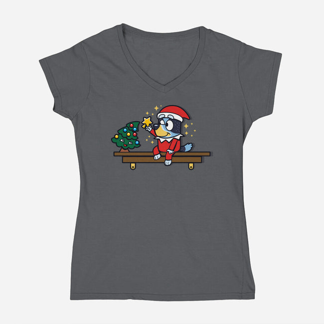 Heeler On The Shelf-Womens-V-Neck-Tee-Boggs Nicolas