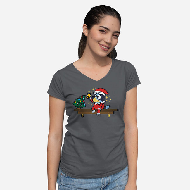 Heeler On The Shelf-Womens-V-Neck-Tee-Boggs Nicolas