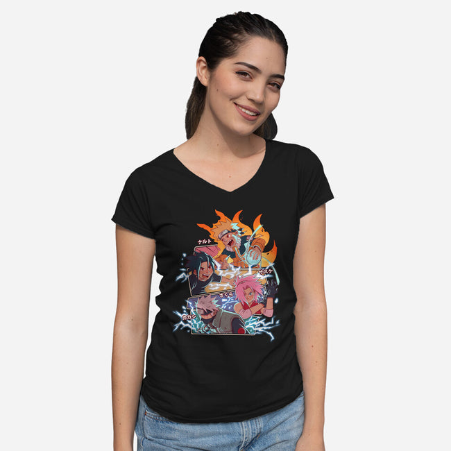 Naruto Battle-Womens-V-Neck-Tee-jacnicolauart