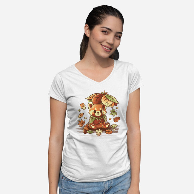 Red Panda Leaf Umbrella-Womens-V-Neck-Tee-NemiMakeit