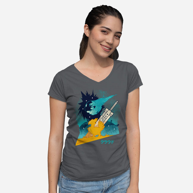 Cloud And Chocobo-Womens-V-Neck-Tee-Logozaste