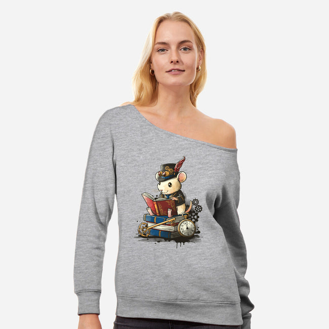 Steampunk Mouse Reader-Womens-Off Shoulder-Sweatshirt-NemiMakeit
