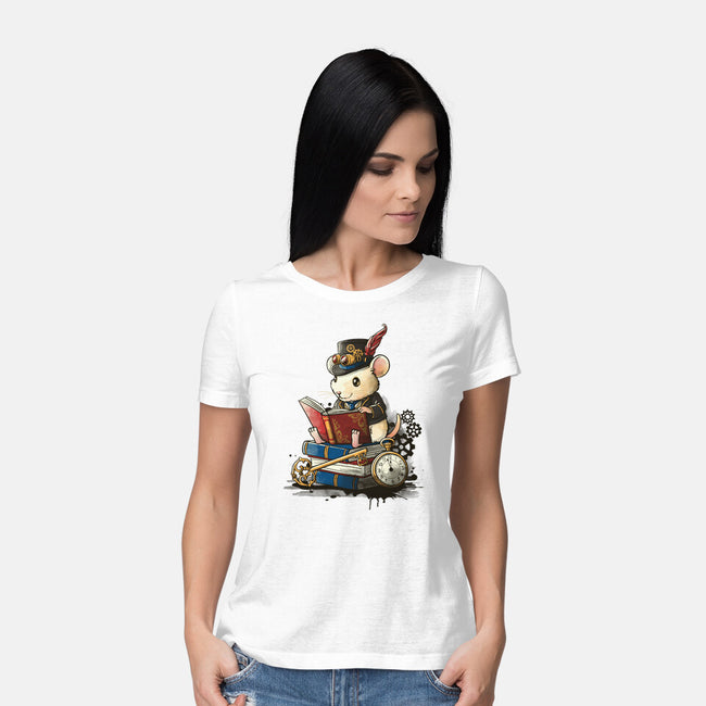 Steampunk Mouse Reader-Womens-Basic-Tee-NemiMakeit