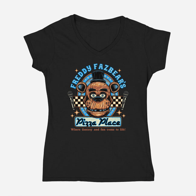 Freddy’s Pizza Place-Womens-V-Neck-Tee-momma_gorilla