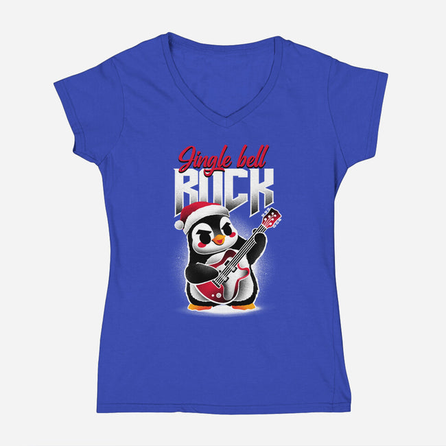 Jingle Bell Rock Penguin-Womens-V-Neck-Tee-NemiMakeit