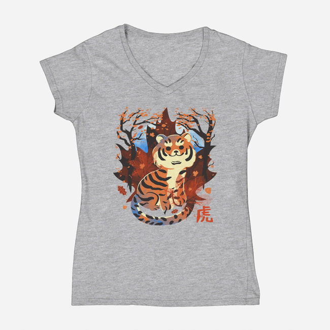 Tiger In Autumn-Womens-V-Neck-Tee-IKILO