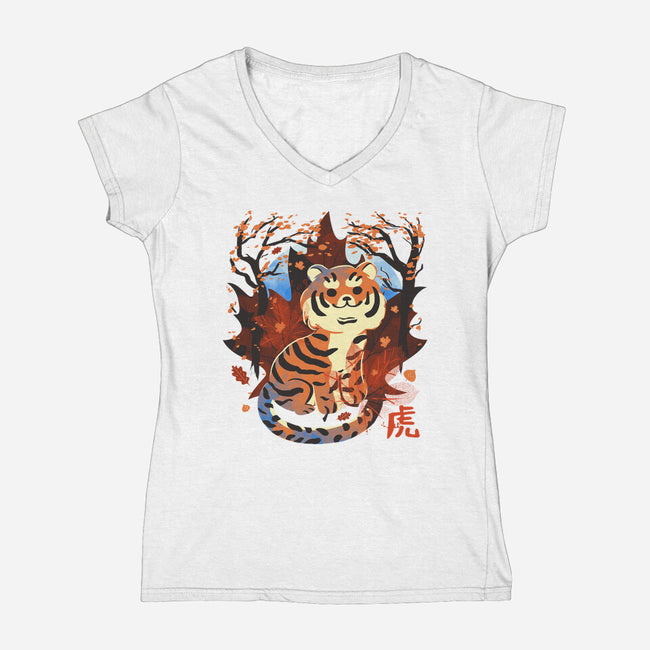 Tiger In Autumn-Womens-V-Neck-Tee-IKILO