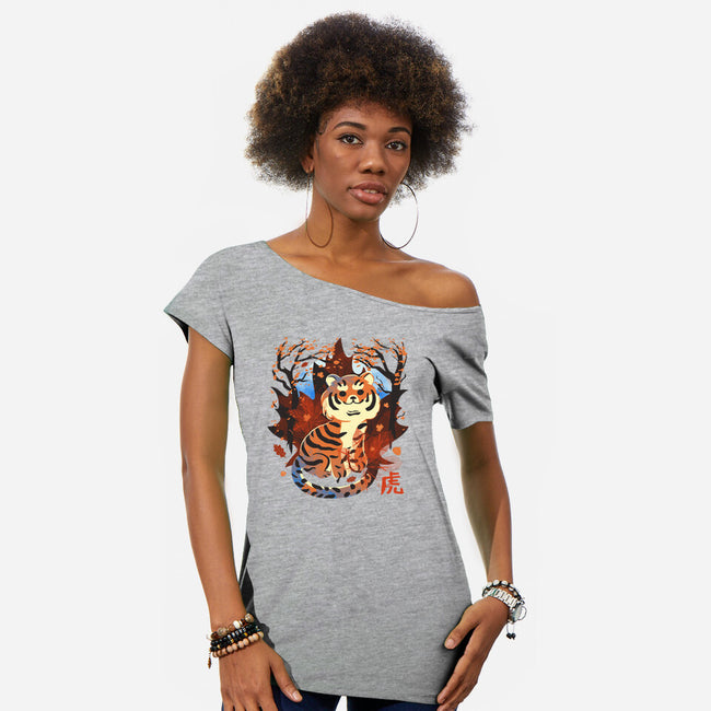 Tiger In Autumn-Womens-Off Shoulder-Tee-IKILO