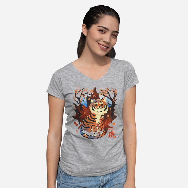 Tiger In Autumn-Womens-V-Neck-Tee-IKILO