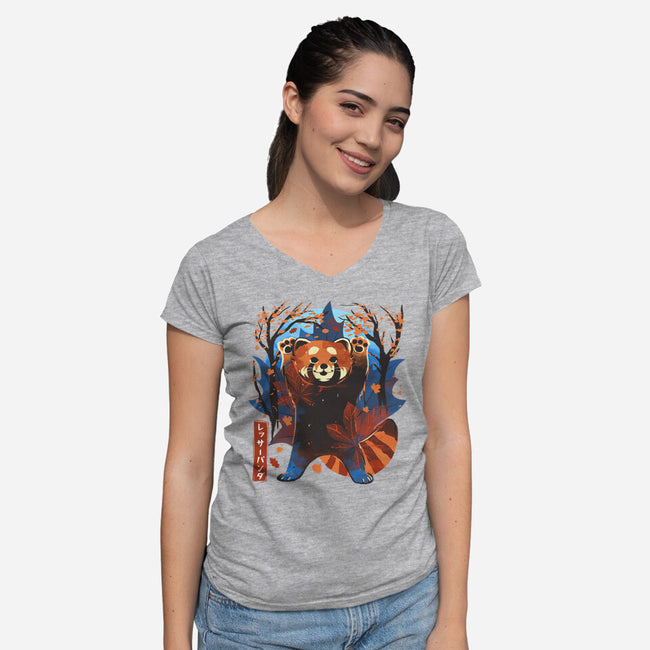 Red Panda In Autumn-Womens-V-Neck-Tee-IKILO