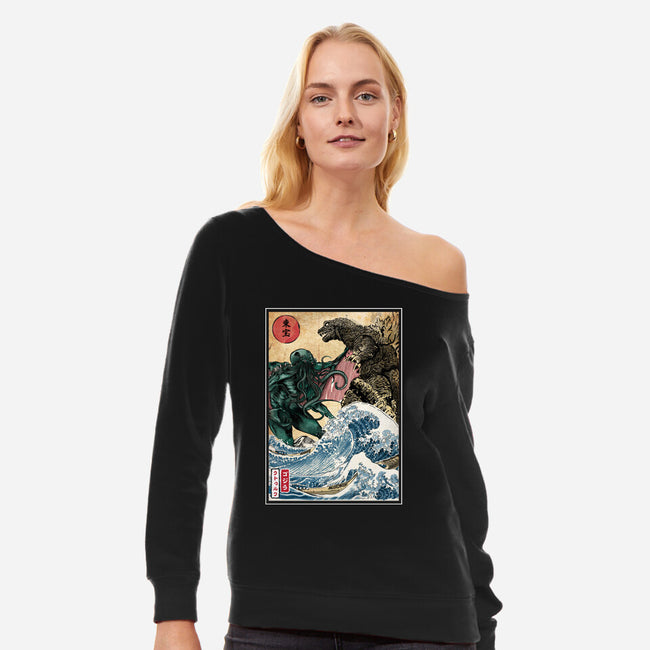 Monster King Vs Great Old One-Womens-Off Shoulder-Sweatshirt-DrMonekers