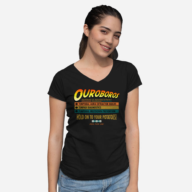 Ouroboros Repairs-Womens-V-Neck-Tee-rocketman_art