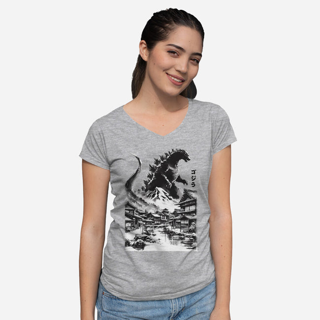 King In The Japanese Village-Womens-V-Neck-Tee-DrMonekers