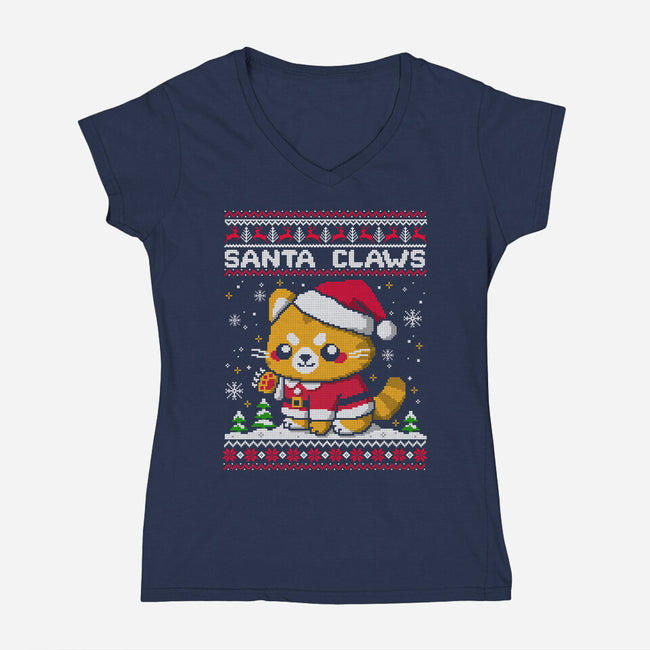 Santa Claws Cat-Womens-V-Neck-Tee-NemiMakeit