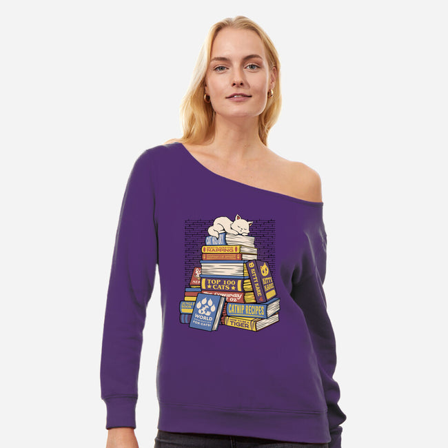 Cat Books Feline Library-Womens-Off Shoulder-Sweatshirt-tobefonseca