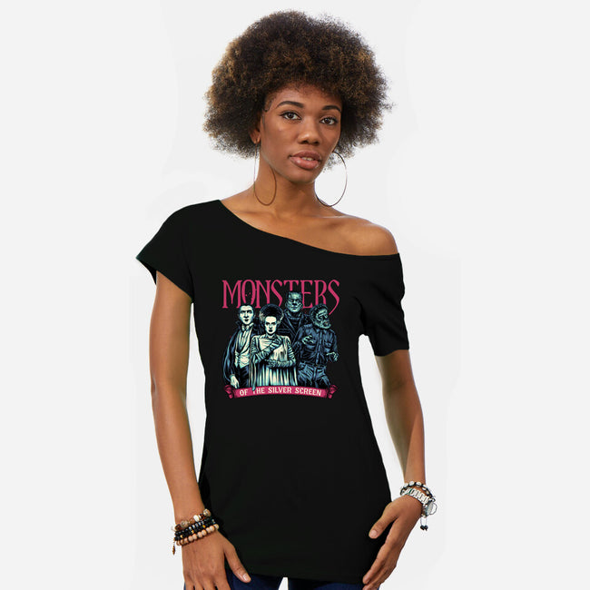 Monsters Of The Silver Screen-Womens-Off Shoulder-Tee-momma_gorilla