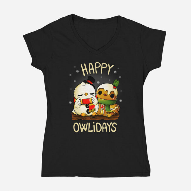 Happy Owlidays-Womens-V-Neck-Tee-Vallina84