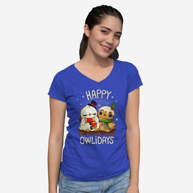 Happy Owlidays-Womens-V-Neck-Tee-Vallina84