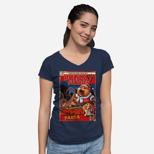 Gigantic Octo-Cat Santa-Womens-V-Neck-Tee-daobiwan